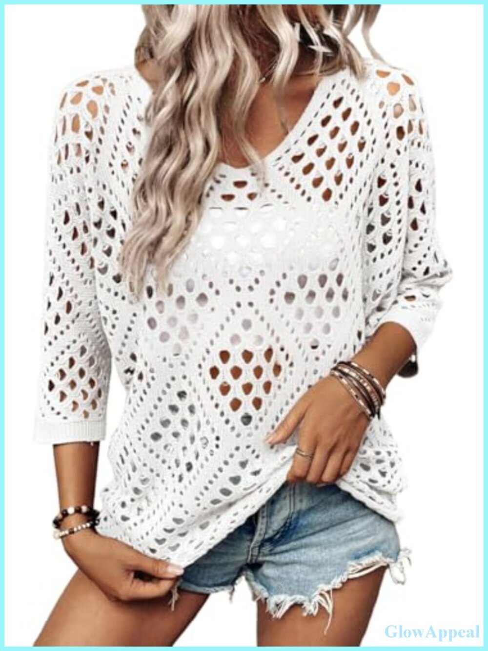 Crochet Hollow Out V-Neck 3/4 Sleeve Pullover Sweater - Lightweight Summer